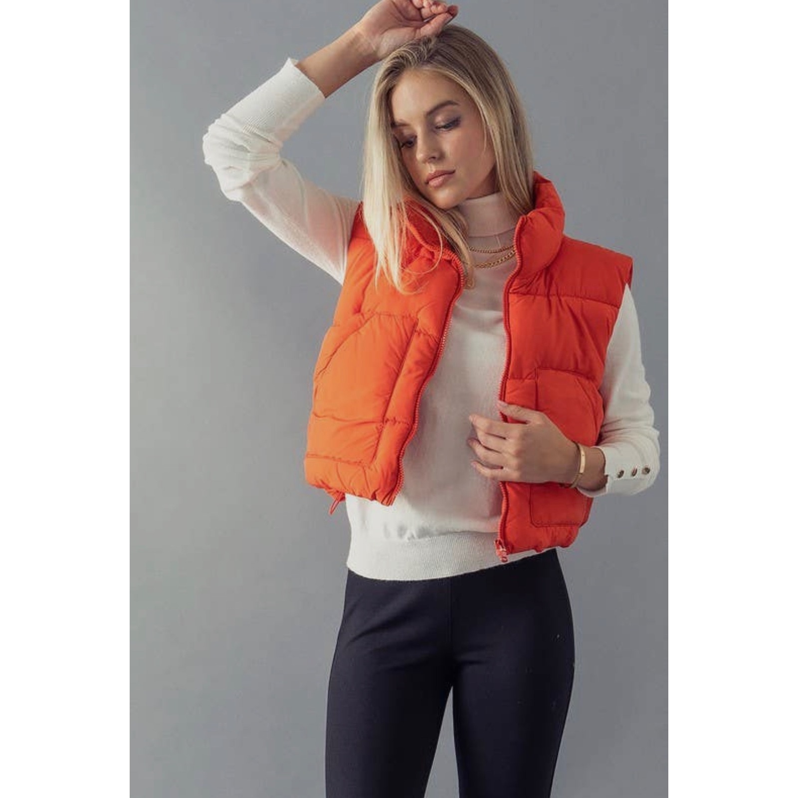 Love Tree Womens Red Orange Cropped Puffer Vest Quilted Sleeveless Jacket L Nwt — image 2 of 2